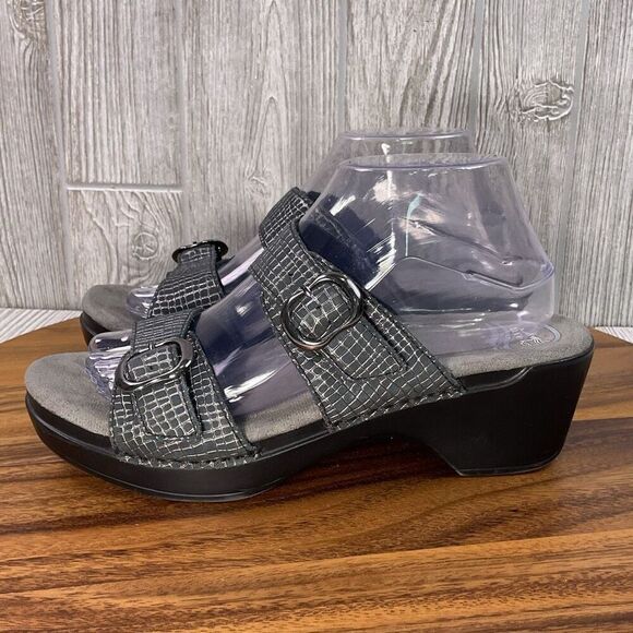 Dansko Women's EU 40 US 10 Leather Snake Print Wedge Open Toe Sandals Grey Black - Picture 4 of 12